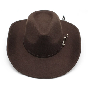 Dark brown wool felt cowboy hat with wide brim and decorative silver metal buckle band