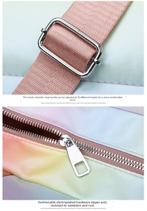 Detail of gradient gym bag with rainbow colors, silver metal buckles and nylon straps