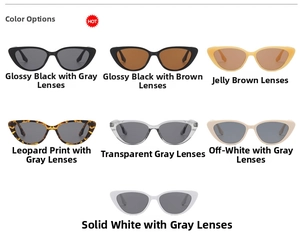 Detailed grid showing seven color variations of stylish cat-eye sunglasses for women