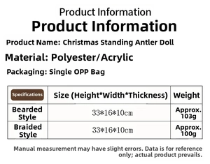 Detailed size chart for the standing antler gnome doll with precise dimensions and weight