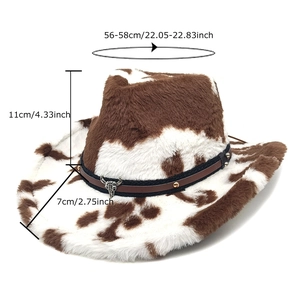 Chapeau de cowboy en peluche à motif vache avec emblème de tête de taureau argenté