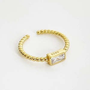 Adjustable Ring 925 Sterling Silver 18K Gold Plated Rectangular Clear Cubic Zirconia Minimalist Beaded Texture Finger Jewelry