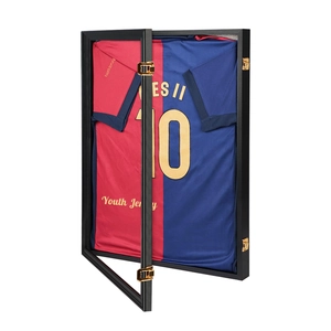 Black jersey display case frame with golden locks and glass panel for wall decor