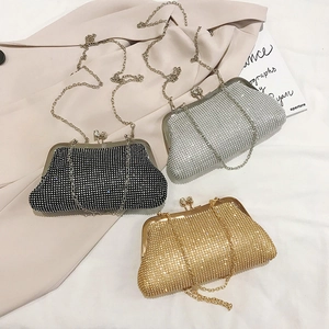 Chic rhinestone evening bags with metal chain and kiss-lock in gold, silver, and black colors