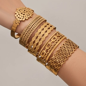 18k gold plated stainless steel geometric zircon bangle set with various hollow designs