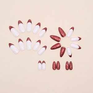Sparkly burgundy wine red almond press-on nails with glitter French tip design