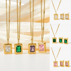 Stainless Steel Necklace And Earrings Jewelry Rectangular Zirconia Pendant Vintage Elegant Style For Women