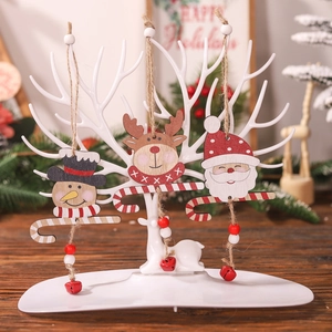 Christmas Wooden Pendants Painted Santa Snowman Reindeer Candy Cane Hanging Ornaments With Metal Bell For Tree Decor
