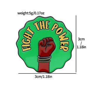 Detailed view of Fight The Power enamel pin with dimensions and weight measurements