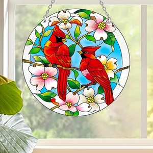 Pendentif de voiture en acrylique avec cardinaux rouges et fleurs de cornouiller blanc