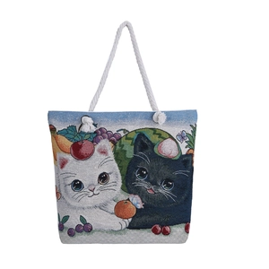 Large woven tapestry tote bag featuring black and white cats with colorful fruit pattern