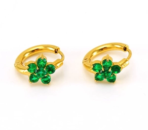 Close-up of gold flower hoop earrings with green zircon petals and secure clicker closure