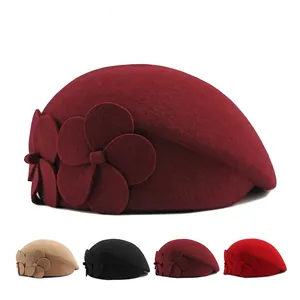 Women Wool Beret Hat Elegant Retro French Style Artist Painter Cap With Flower Decorations Winter Warm Headwear