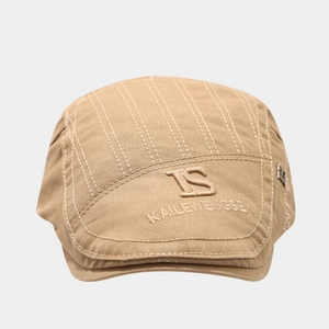 Khaki vintage cotton newsboy cap with embroidery logo and metallic detail in retro style