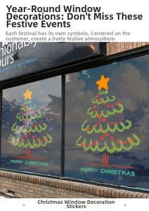 Close-up of static Christmas tree window stickers with Merry Christmas text on glass