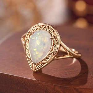Nahaufnahme eines Tropfen-Opal-Rings mit Vintage-Blattstruktur in Roségold auf Holz