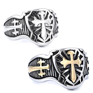 Retro Men Shield Ring Stainless Steel Cross Engraved Gothic Punk Style Jewelry Accessory