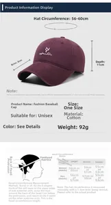 Size chart for vintage cotton baseball cap showing 8cm brim and adjustable circumference