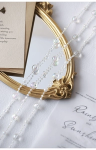 Detailed macro view of iridescent crystal pearls and transparent beads necklace accessory
