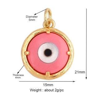 Pink evil eye pendant dimension details with 15mm width and 21mm height measurements