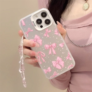Frosted phone case with pink bows and beaded wrist strap for iPhone 16 Pro Max