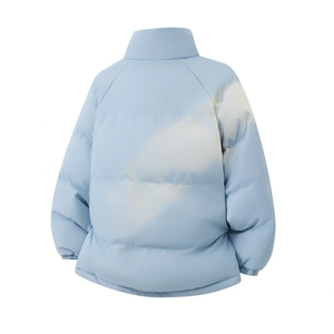 Rear view of a light blue puffer jacket featuring a soft white cloud pattern print