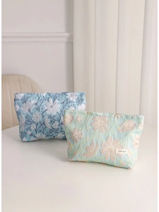Beauty case grande in tessuto jacquard a fiori verde chiaro e blu per viaggi e cosmetici