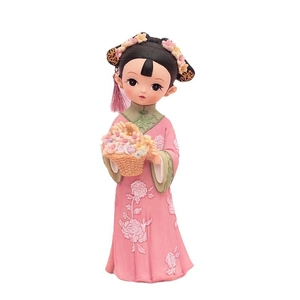 Retro Chinese court style princess figurine in pink dress with flower basket gift