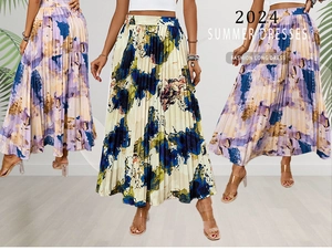 Detail of high-waist pleated A-line skirt featuring vibrant oil painting floral prints