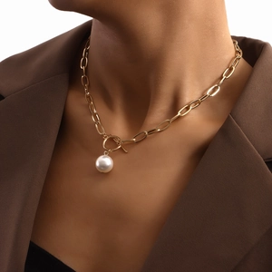 Chic gold chunky chain necklace with large white pearl pendant and OT clasp closure