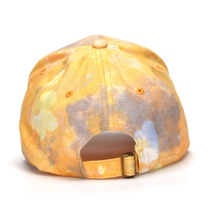 Floral print baseball cap with adjustable bronze metal buckle and six-panel canvas design
