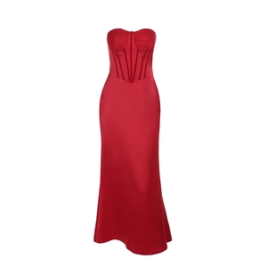 Elegant red backless strapless mermaid maxi dress in glossy satin fabric with a slim fit