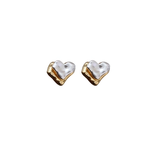 Elegant two-tone heart stud earrings with metallic silver and gold plated finish
