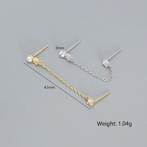 French style 925 silver stud earrings with pearls, zircon tassels, and chain link design