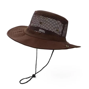 Dark brown wide-brim outdoor sun hat with breathable mesh and adjustable chin strap