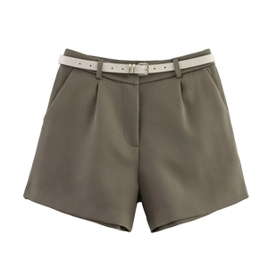 Women casual olive green shorts with white belt and side pockets in a minimalist office style