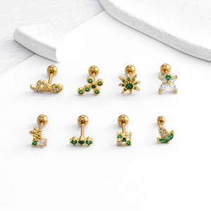 Gold stud earrings set with green and white zircon in flower, cross, and butterfly designs