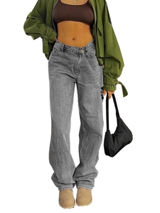 Jeans larghi grigi da donna con vita irregolare e dettagli strappati stile street