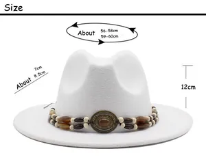 Size guide for white wool felt fedora hat with brim width and circumference details