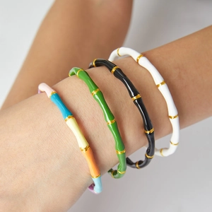Colorful enamel bamboo style titanium steel cuff bracelets for women in multiple colors