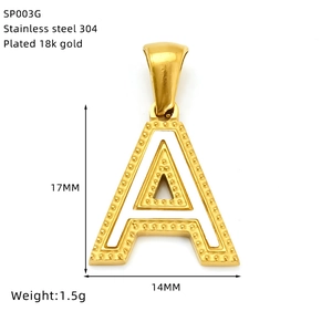 Macro detail of 18K gold plated letter A pendant showing dimensions and 304 steel texture
