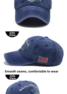 Detail of washed cotton baseball cap with fish embroidery and USA flag patch