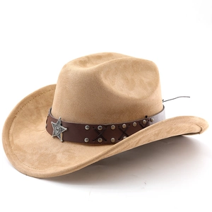 Detail of khaki suede cowboy hat featuring silver star badge and studded leather band