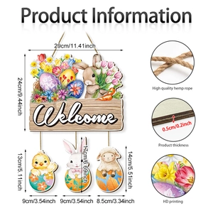 Easter wooden welcome sign featuring bunny and eggs with size dimensions and macro details