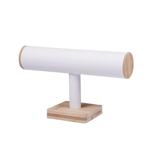 Bamboo and white T-bar jewelry display stand for watches and bracelets on wooden base