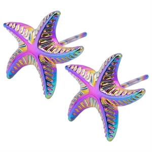 Macro detail of rainbow starfish stud earrings in polished 304 stainless steel