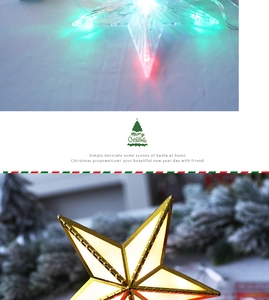 Close-up of glowing transparent LED star and golden warm white Christmas tree topper