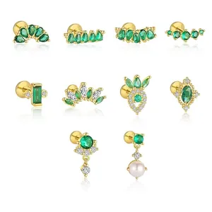925 Sterling Silver Green Zirconia Stud Earrings For Women Irregular Geometric Luxurious Gold Plated Artificial Pearl Jewelry