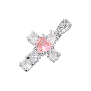 Close-up of silver cross pendant with pink heart zircon and white gemstone accents