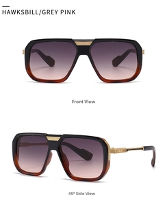 Detailansicht der Flieger-Sonnenbrille mit hawksbill grau-rosa Rahmen und Goldakzenten